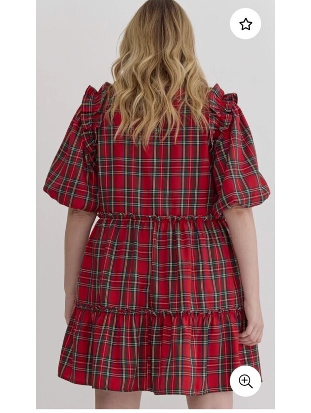NWT Entro Judy Puff Sleeve Red Plaid Ruffle Tiered Mini Dress Size 1X Retail $78 - Picture 3 of 9
